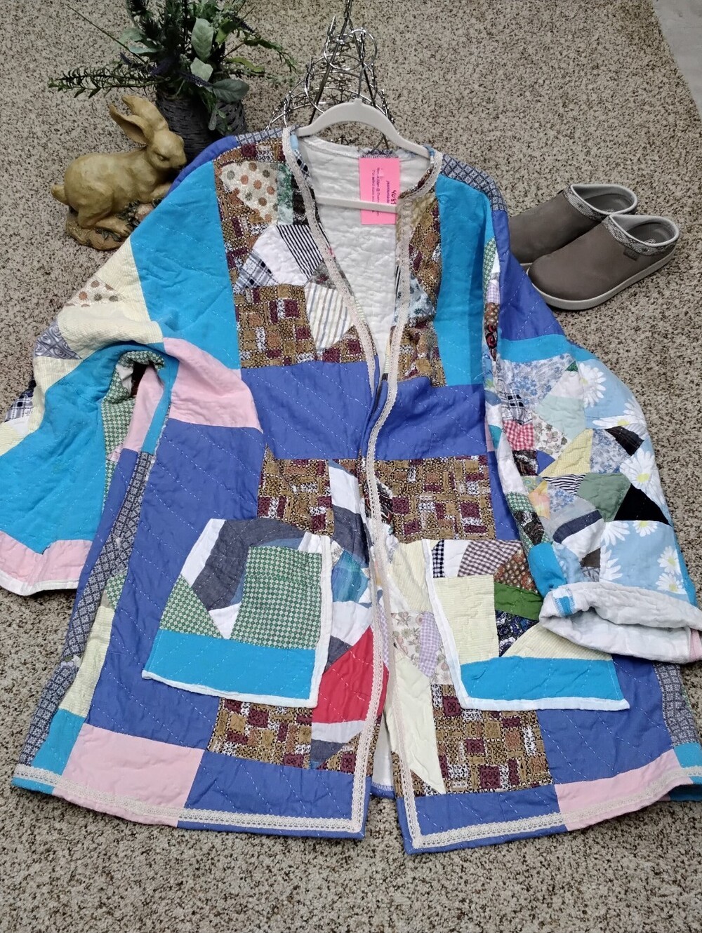 4088 Size XL/1X Oversize Quilt Coat Hand Stitched In Pink And Blue